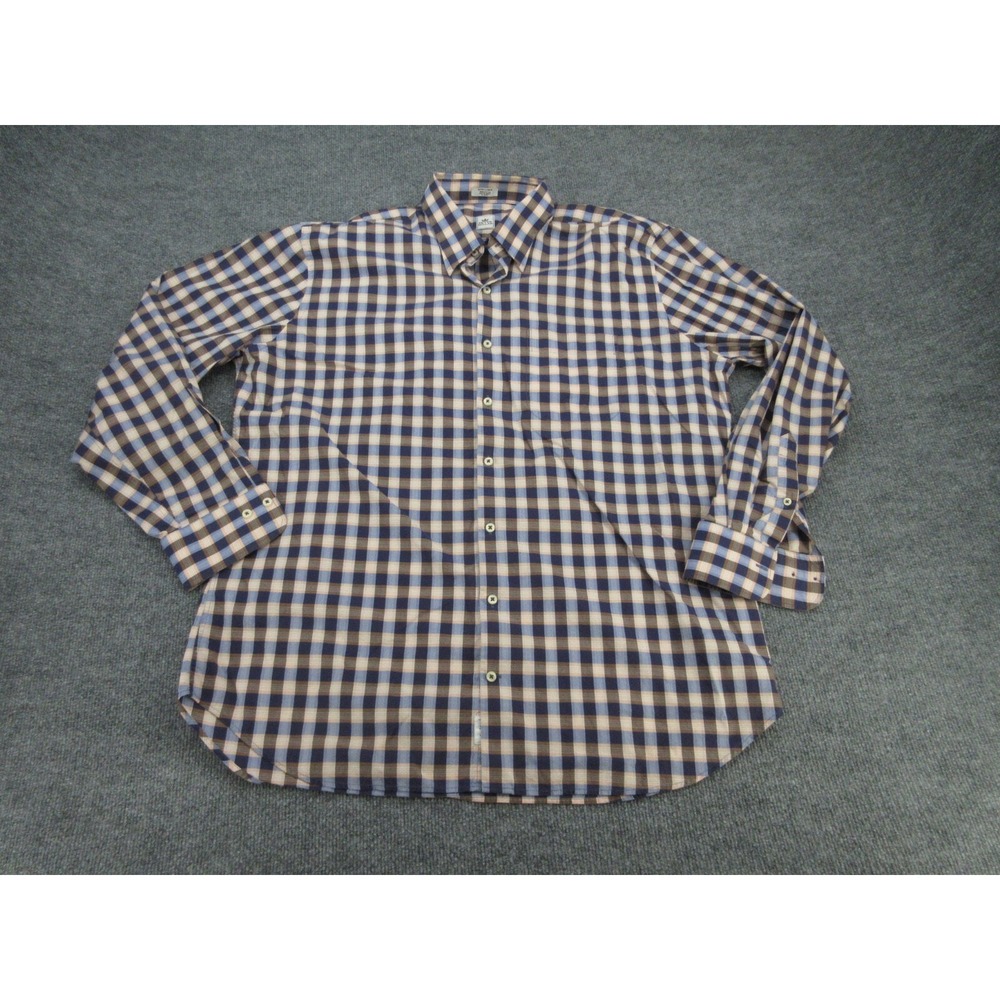 Peter Millar Mens Button Down Regular Fit Blue Brown Plaid Cotton Shirt XL